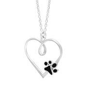 Sterling Silver Whitby Jet Heart Paw Print Necklace