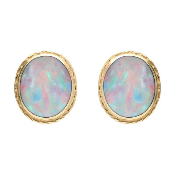 00067019 9ct Yellow Gold Opal Rope Edged Stud Earrings, E023