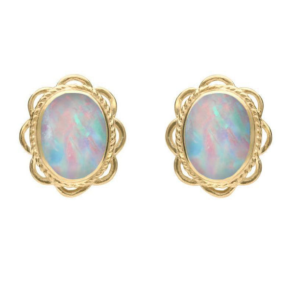 00067030 9ct Yellow Gold Opal Large Rope Oval Frill Stud Earrings, E079