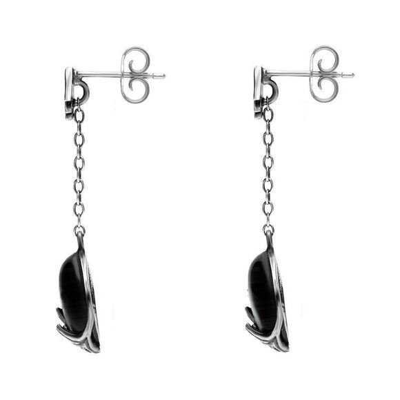 00074033 C W Sellors Silver Whitby Jet Acanthus Leaf Round Chain Drop Earrings, E1583.