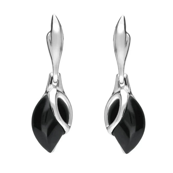 00074065 C W Sellors Sterling Silver Whitby Jet Leaf Shaped Open Top Drop Earrings E1655