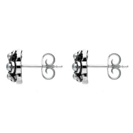 00082725 C W Sellors Sterling Silver Pearl and Marcasite Four Petal Flower Stud Earrings, E1690.