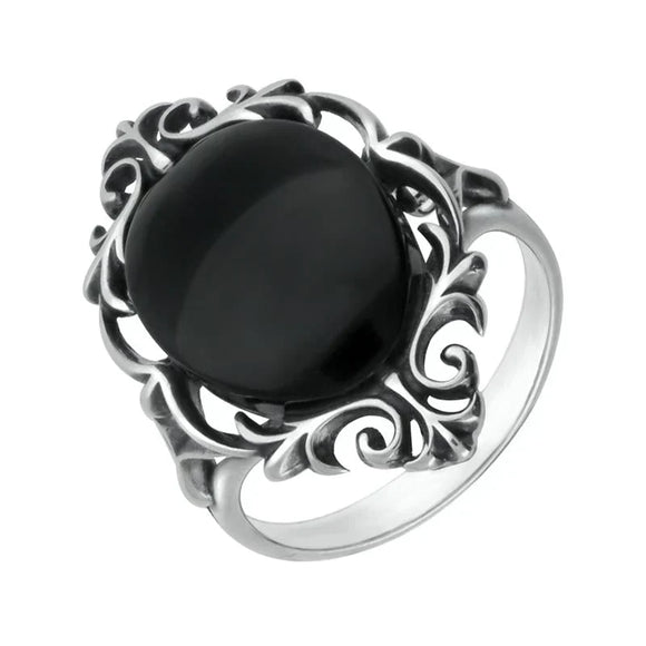 Sterling Silver Whitby Jet  Oval Open Carved Ring R920