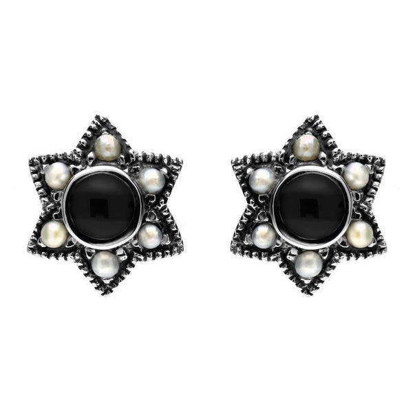 00150645 C W Sellors Sterling Silver Whitby Jet and Pearl Six Point Star Stud Earrings, E1638.