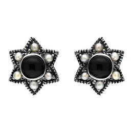 00150645 C W Sellors Sterling Silver Whitby Jet and Pearl Six Point Star Stud Earrings, E1638.