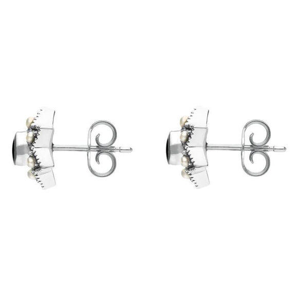 00150645 C W Sellors Sterling Silver Whitby Jet and Pearl Six Point Star Stud Earrings, E1638.