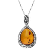 Sterling Silver Cognac Amber Basket Weave Edge Pear Necklace P3481