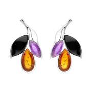 Sterling Silver Whitby Jet Amethyst Amber Three Leaf Stud Earrings E2494