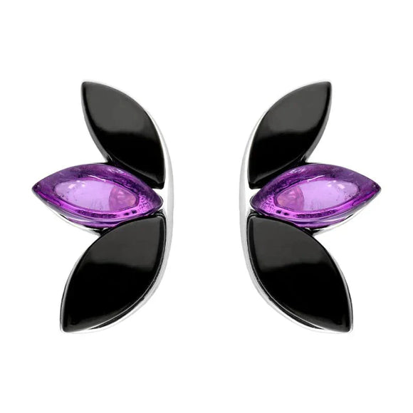Sterling Silver Whitby Jet Amethyst Three Leaf Stud Earrings E2498