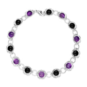 Sterling Silver Whitby Jet Amethyst Flower Bracelet B1159