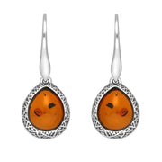 Sterling Silver Cognac Amber Basket Weave Edge Pear Hook Earrings E2501_C