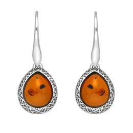 Sterling Silver Cognac Amber Basket Weave Edge Pear Hook Earrings E2501_C