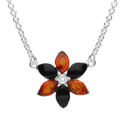 Sterling Silver Whitby Jet Amber Flower Necklace N1052