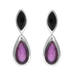 Sterling Silver Whitby Jet Amethyst Two Stone Marquise Pear Drop Earrings E2430