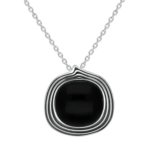 00178888 Sterling Silver Whitby Jet Cushion Stone Patern Edge Necklace P3517.