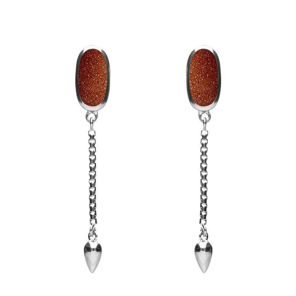 00181110 Sterling Silver Brown Goldstone Lineaire Medium Drop Stud Earrings, E2241.