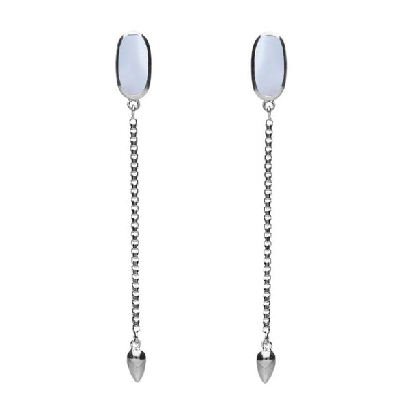 Sterling Silver Chalcedony Lineaire Long Drop Stud Earrings. E2240.