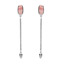 Sterling Silver Rhodochrosite Lineaire Long Drop Stud Earrings. E2240.