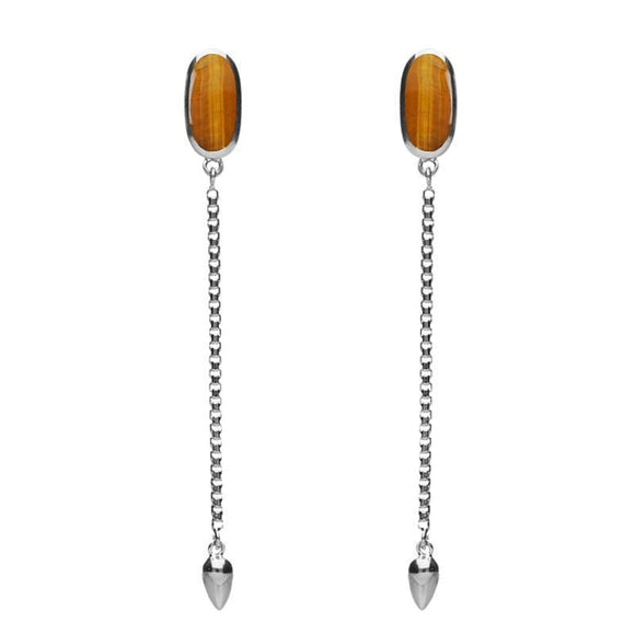 Sterling Silver Tigers Eye Lineaire Long Drop Stud Earrings. E2240.