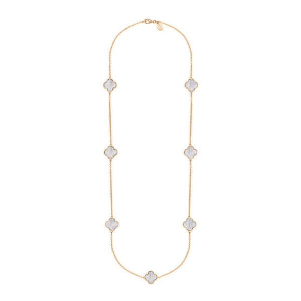 18ct Rose Gold WHITE MOP Bloom Four Leaf Clover Ball Edge Long Necklace, N1040