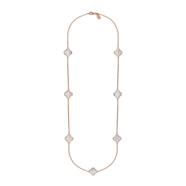 18ct Rose Gold WHITE MOP Bloom Four Leaf Clover Long Necklace, N1129