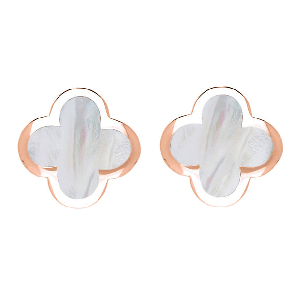 18ct Rose Gold White Mother of Pearl Bloom Four Leaf Clover Stud Earrings