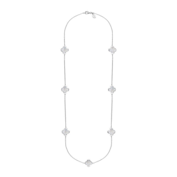 18ct White Gold WHITE MOP Bloom Four Leaf Clover Long Necklace, N1129 