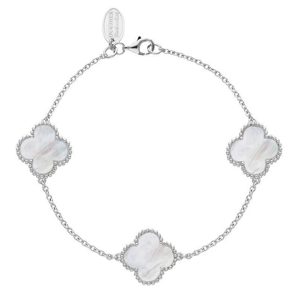 18ct White Gold WHITE MOP Bloom Four Leaf Clover Ball Edge Chain Bracelet