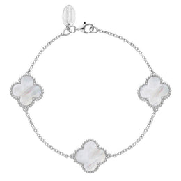 18ct White Gold WHITE MOP Bloom Four Leaf Clover Ball Edge Chain Bracelet