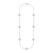 18ct White Gold White Mother of Pearl Bloom Four Leaf Clover Ball Edge Long Necklace