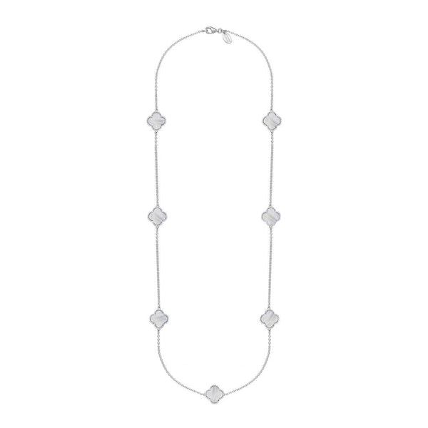 18ct White Gold White Mother of Pearl Bloom Four Leaf Clover Ball Edge Long Necklace