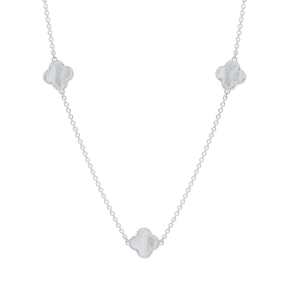 18ct White Gold White Mother of Pearl Bloom Four Leaf Clover Ball Edge Necklace