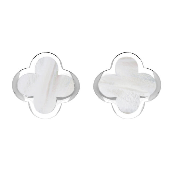 18ct White Gold WHITE MOP Bloom Four Leaf Clover Stud Earrings, E2465