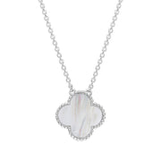 18ct White Gold WHITE MOP Bloom Large Four Leaf Clover Ball Edge Chain Necklet, N1043