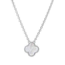 18ct White Gold WHITE MOP Bloom Small Four Leaf Clover Ball Edge Chain Necklet, N1044