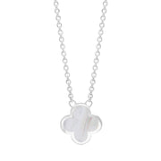 18ct White Gold White Mother of Pearl Bloom Small Four Leaf Clover Polished Edge Pendant