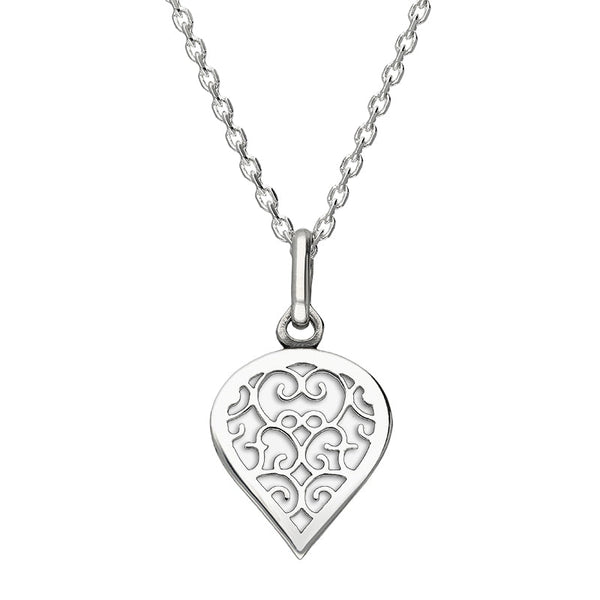 18ct White Gold Bauxite Flore Filigree Small Heart Necklace. P3629.