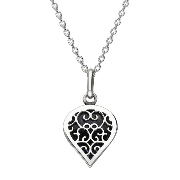18ct White Gold Blue Goldstone Flore Filigree Small Heart Necklace. P3629.