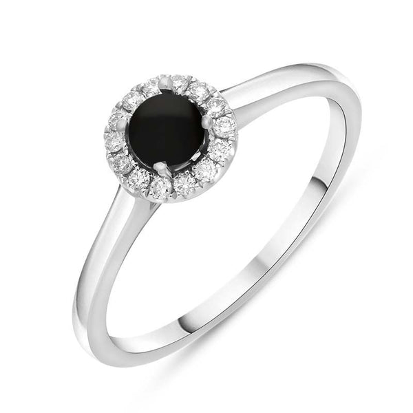 18ct White Gold Whitby Jet 0.10ct Diamond Round Ring, R1271