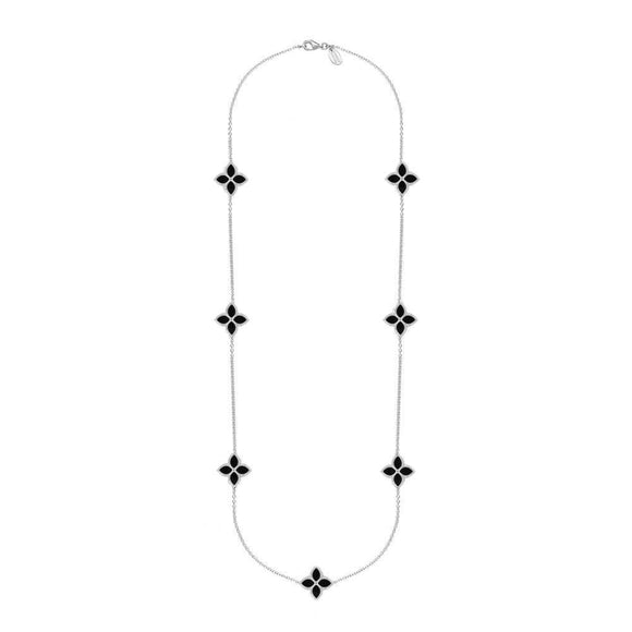 18ct White Gold Whitby Jet Bloom Long Flower Ball Edge Necklace, N1157