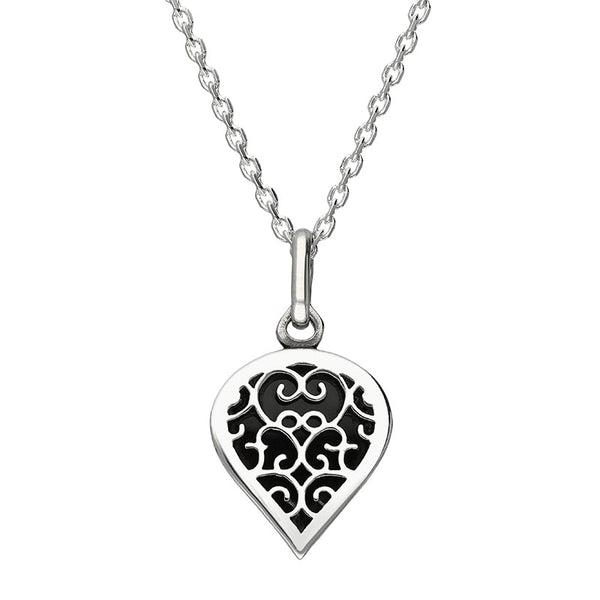 18ct White Gold Whitby Jet Flore Filigree Small Heart Necklace. P3629.