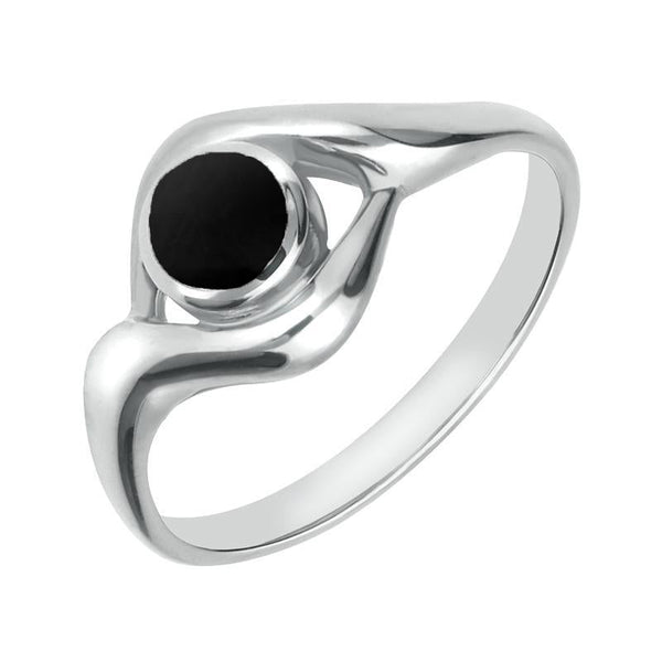 18ct White Gold Whitby Jet Round Twist Ring, R030.