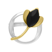 18ct Yellow Gold Plated Sterling Silver Whitby Jet Open Circle Leaf Ring