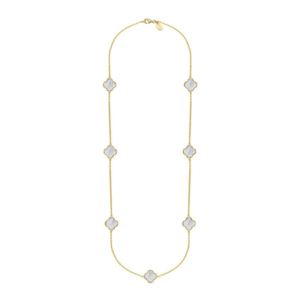 18ct Yellow Gold WHITE MOP Bloom Four Leaf Clover Ball Edge Long Necklace, N1040