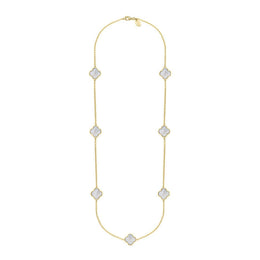 18ct Yellow Gold WHITE MOP Bloom Four Leaf Clover Ball Edge Long Necklace, N1040