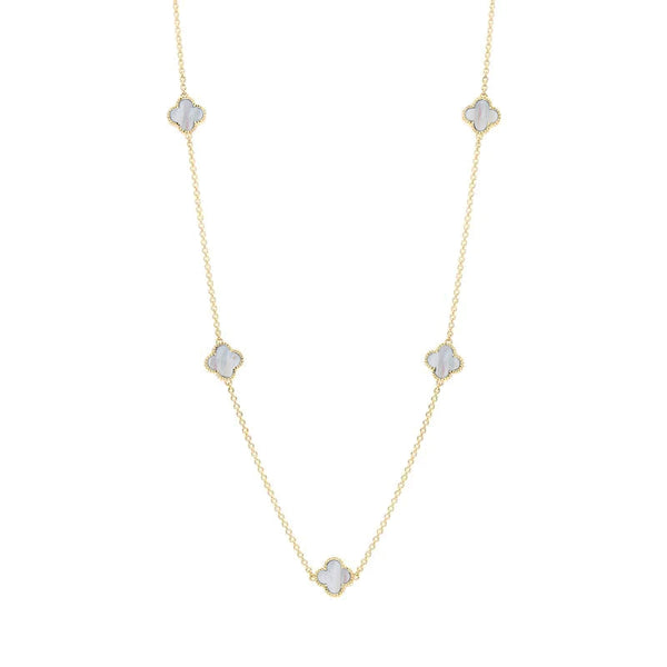 18ct Yellow Gold White Mother of Pearl Bloom Four Leaf Clover Ball Edge Necklace