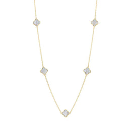 18ct Yellow Gold White Mother of Pearl Bloom Four Leaf Clover Ball Edge Necklace