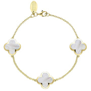 18ct Yellow Gold WHITE MOP Bloom Four Leaf Clover Chain Bracelet, B1196