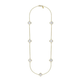 18ct Yellow Gold WHITE MOP Bloom Four Leaf Clover Long Necklace, N1129