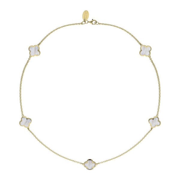 18ct Yellow Gold White Mother of Pearl Bloom Four Leaf Clover Necklace